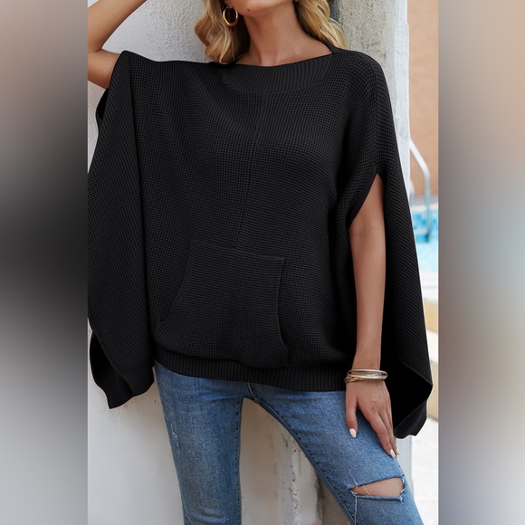 Waffle-Knit Pocketed Cape Sleeve Sweater - Picture 3 of 8